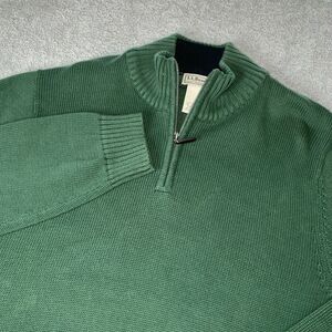 LL Bean Knit Sweater Men XL Tall Green Cotton Mock Neck 1/4 Zip‎ Pullover